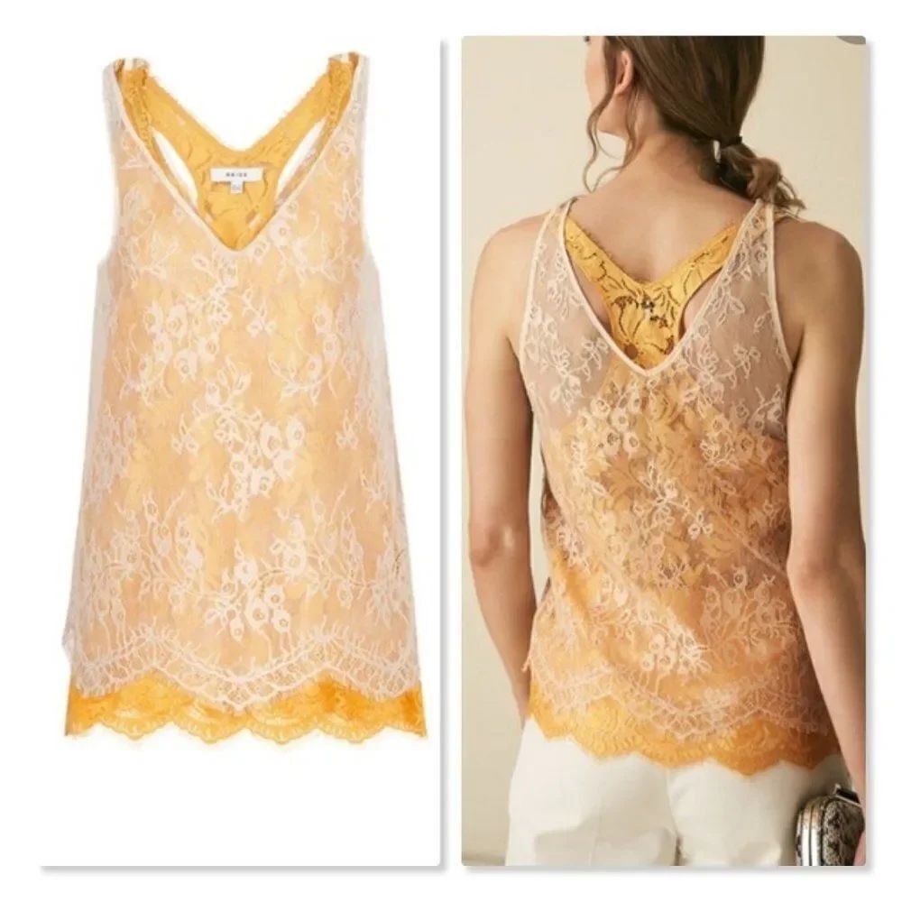 Reiss Kodi Double Layered Lace Top size 2 in Yellow - NEW